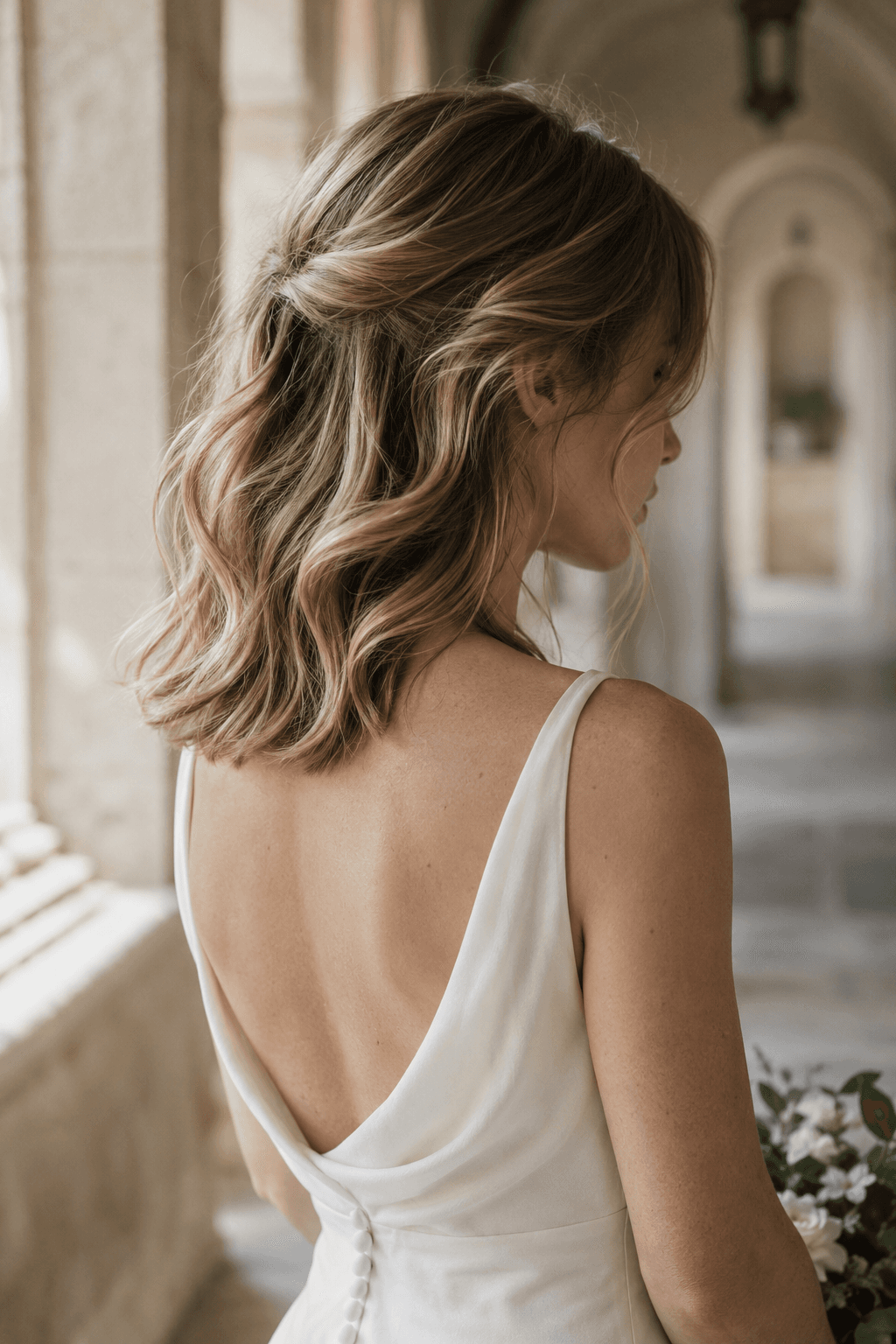 Soft bridal waves styled in a relaxed half-up look